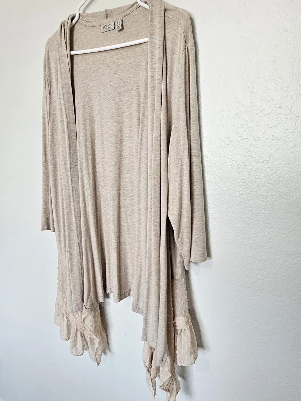 Logo Lori Goldstein | Lace Trim Lightweight Aysymmetrical Open Front Cardigan 2X